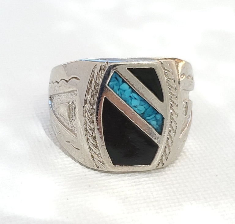 Vintage SouthWest Ring: Turquoise Stripe Chip Inlay (Size 8)