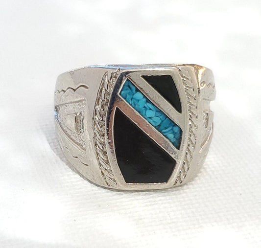 Vintage SouthWest Ring: Turquoise Stripe Chip Inlay (Size 8)