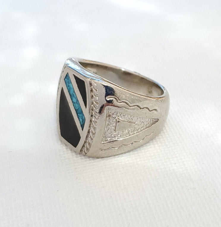 Vintage SouthWest Ring: Turquoise Stripe Chip Inlay (Size 8)