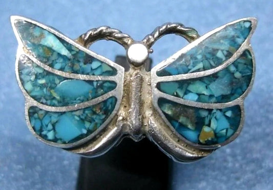 Beautiful Vintage Sterling Silver Turquoise Inlay BUTTERFLY Ring (Size 7)