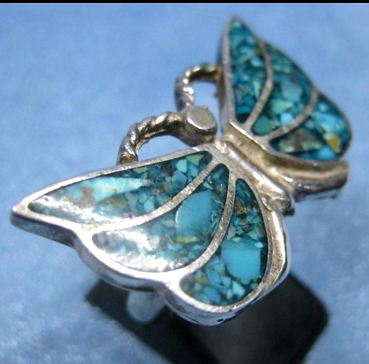 Beautiful Vintage Sterling Silver Turquoise Inlay BUTTERFLY Ring (Size 7)