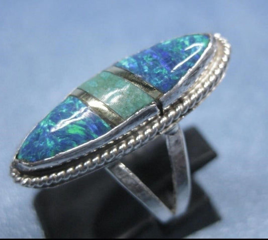 Sterling Silver SouthWest Ring w/ Turquoise & Blue Opal (Size 5.5)
