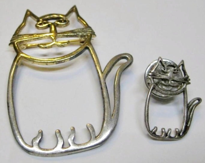 Adorable *Two (2) Sterling Silver Cat Kitten Brooches Pins