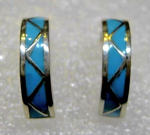 Lovely Indian All Natural Turquoise Inlay Sterling Silver Earrings