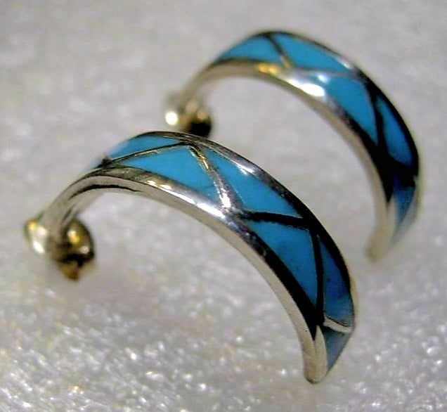 Lovely Indian All Natural Turquoise Inlay Sterling Silver Earrings