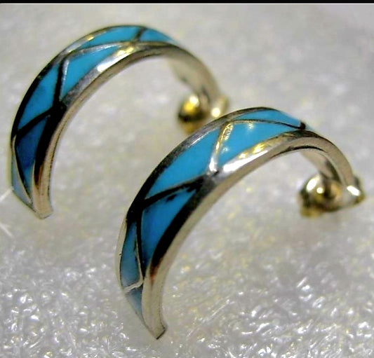 Lovely Indian All Natural Turquoise Inlay Sterling Silver Earrings