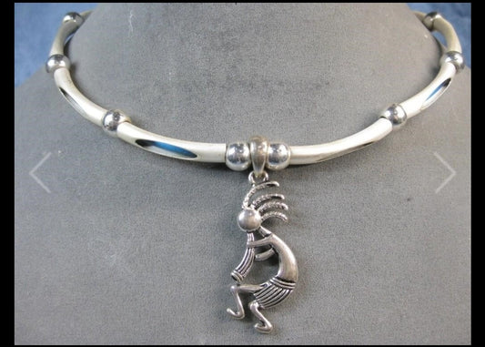 Very Nice Silvertone Kokopelli Beaded Necklace