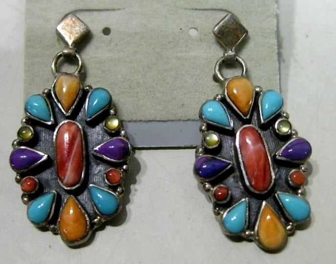 Stunning Vtg Sterling Silver Multi Colored Stone Southwest Earrings