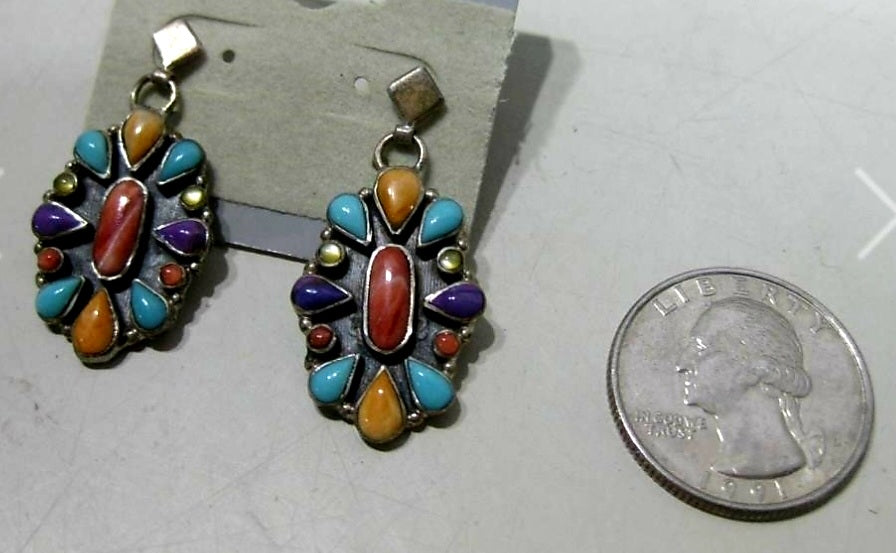 Stunning Vtg Sterling Silver Multi Colored Stone Southwest Earrings