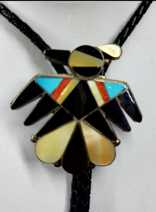 Authentic Vintage Native American Zuni Multi-Stone 'THUNDERBIRD' Leather Bolo Tie