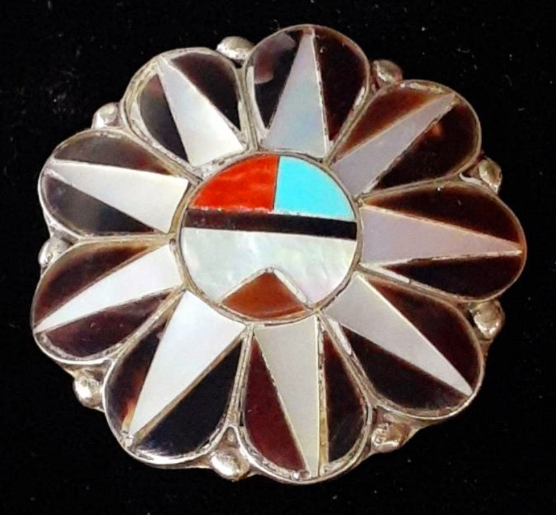 Vintage ZUNI Sterling Silver INLAY Turquoise Coral Onyx Spiny Oyster SUNFACE Pin