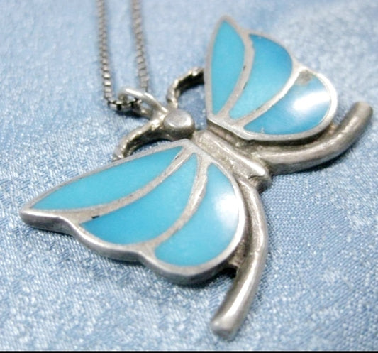 Stunning Sterling Silver & Turquoise BUTTERFLY 18" Necklace