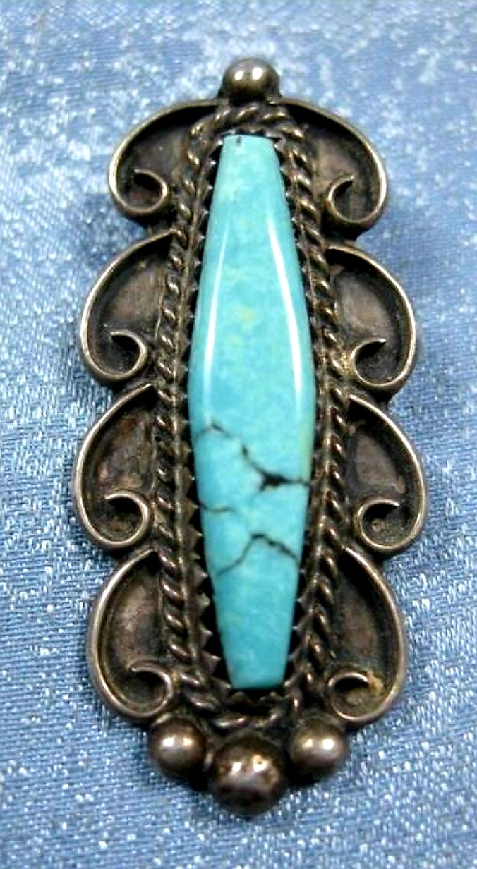 Vintage Oblong Sterling Silver Turquoise Pendant *Signed
