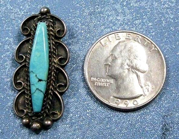Vintage Oblong Sterling Silver Turquoise Pendant *Signed
