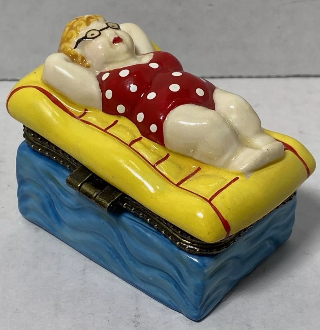 Lady Sunbathing In Polka Dot Swimsuit Trinket Box