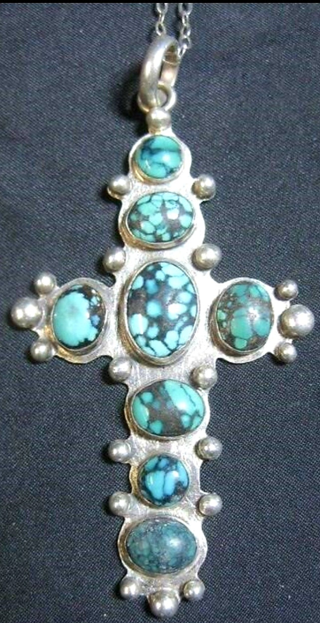 Vintage Sterling Silver Spiderweb Turquoise Delego Cross Necklace Hallmarked
