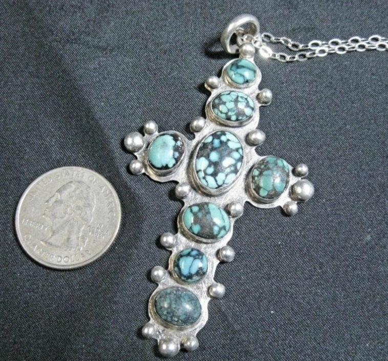 Vintage Sterling Silver Spiderweb Turquoise Delego Cross Necklace Hallmarked
