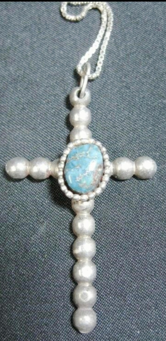 Sterling Silver & Turquoise Cross 18" Necklace *Signed