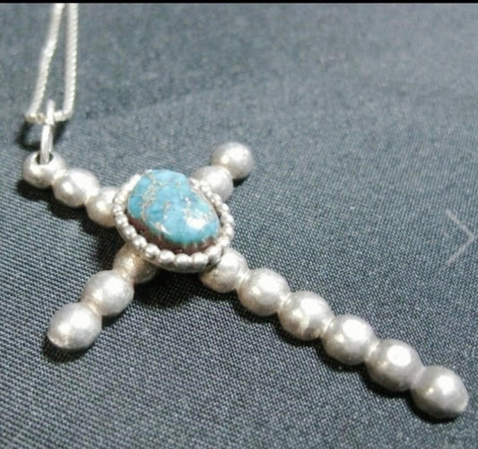 Sterling Silver & Turquoise Cross 18" Necklace *Signed