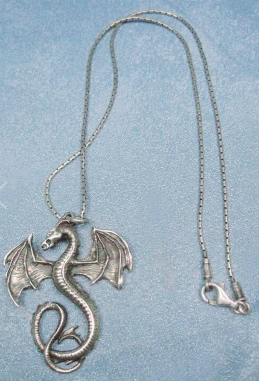 Great Sterling Silver .925 Dragon w/ Wings 16" Necklace