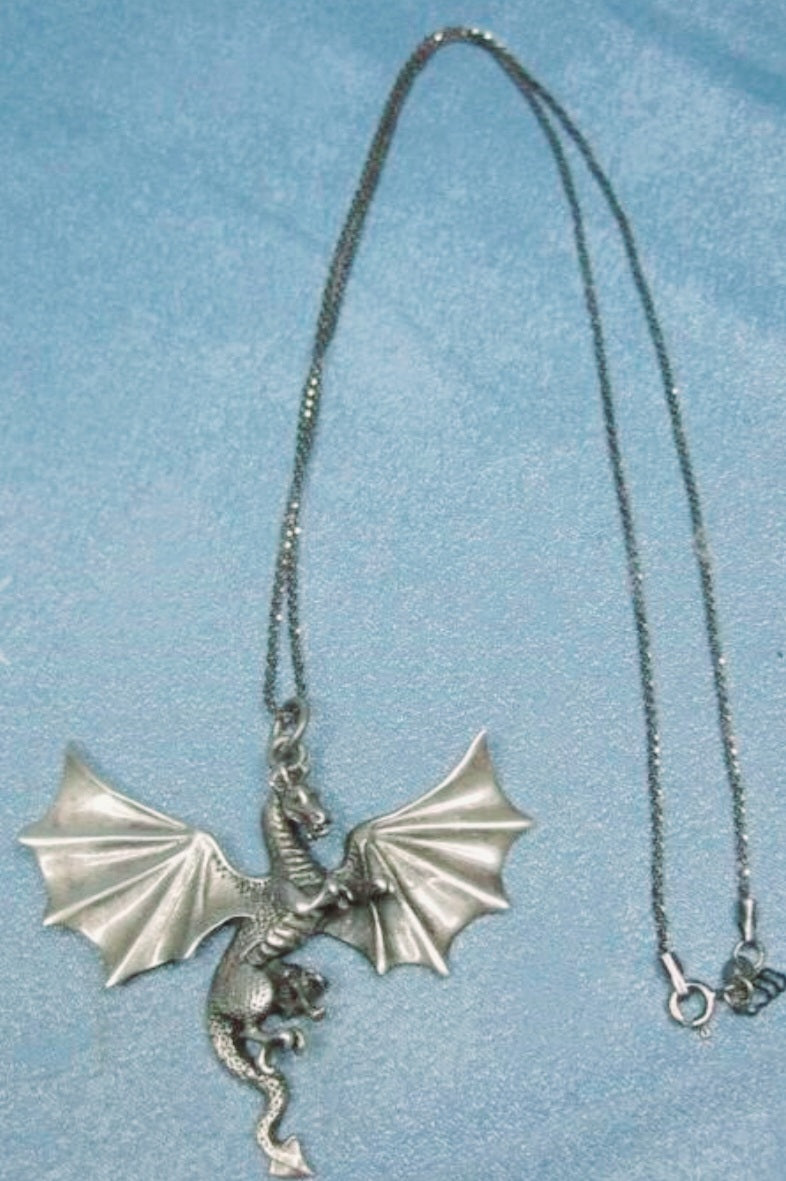 Sterling Silver Flying Winged Dragon Silver Pendant 20" Necklace