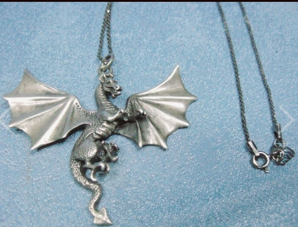 Sterling Silver Flying Winged Dragon Silver Pendant 20" Necklace