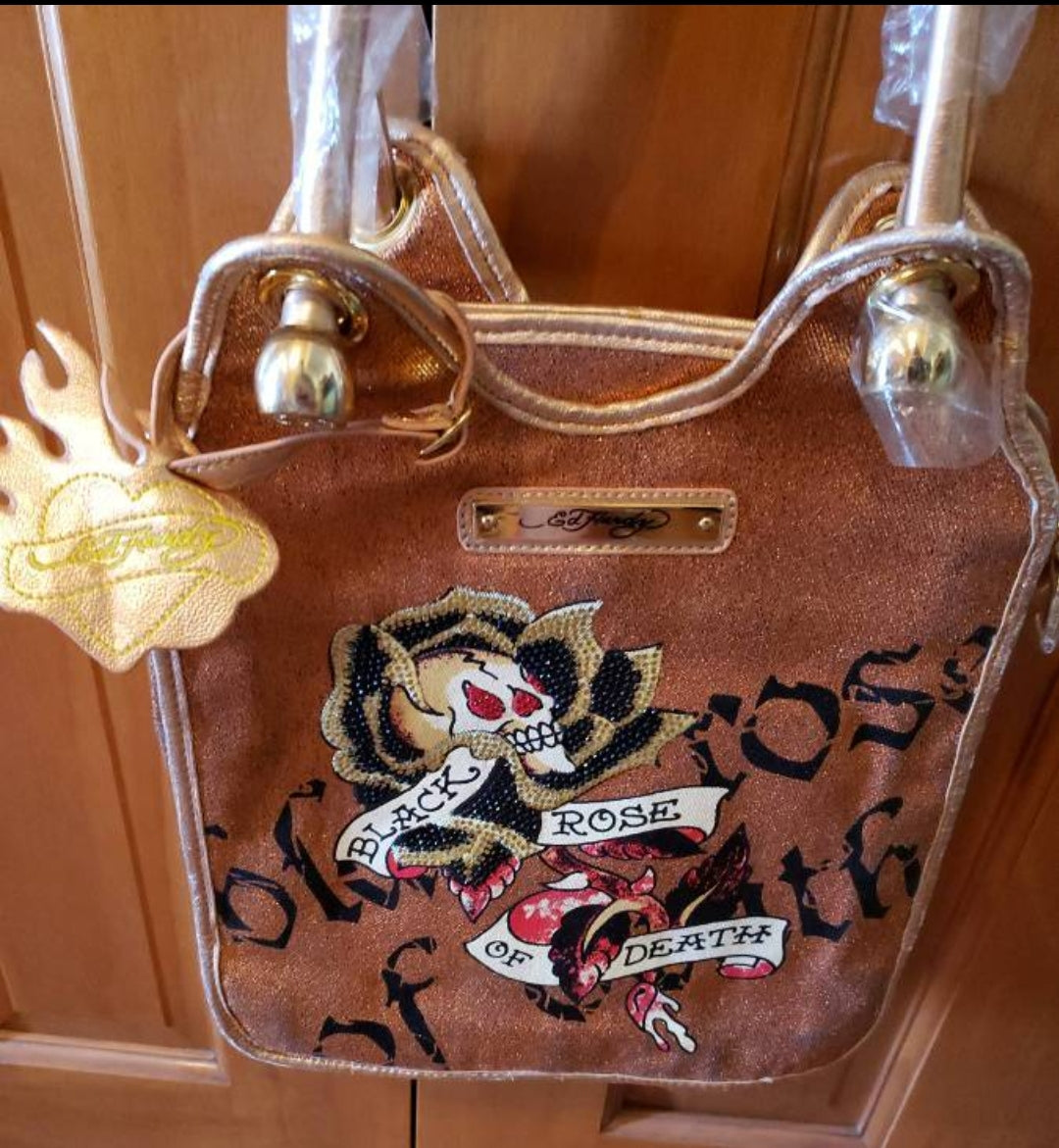 NEW *Ed Hardy Brown Leather Bag Purse "Black Rose of Death" RARE