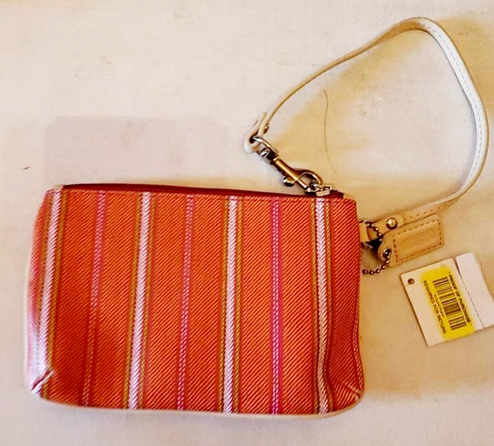 NEW *COACH #49257 Legacy Weekend Ticking Stripe Zippy Wallet/Wristlet (Pink/Lime)