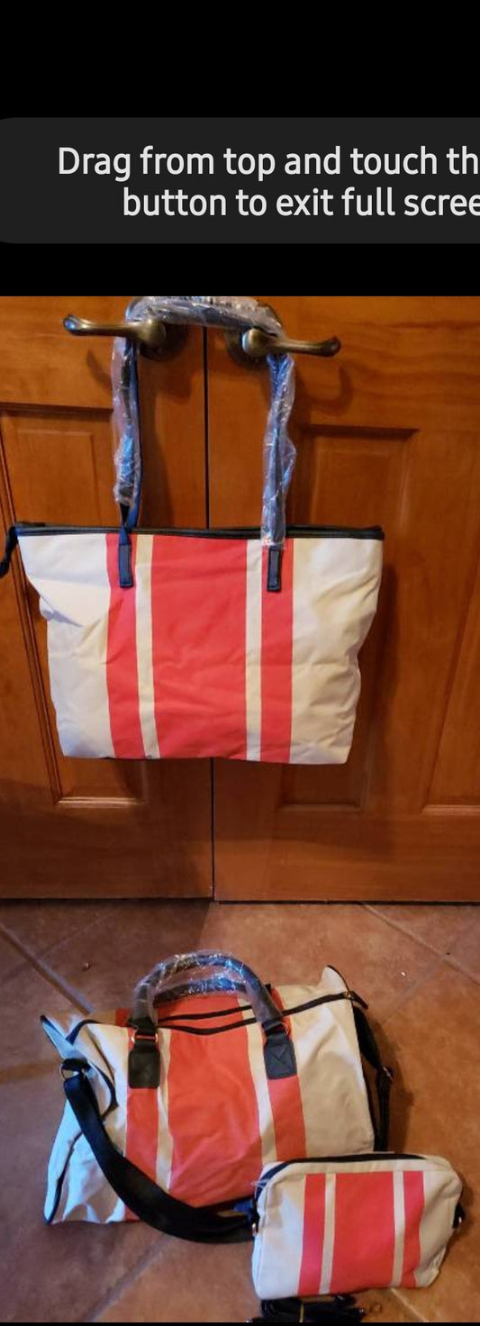 New *3-Piece Canvas "White/Orange" Striped Travel Bag Lot