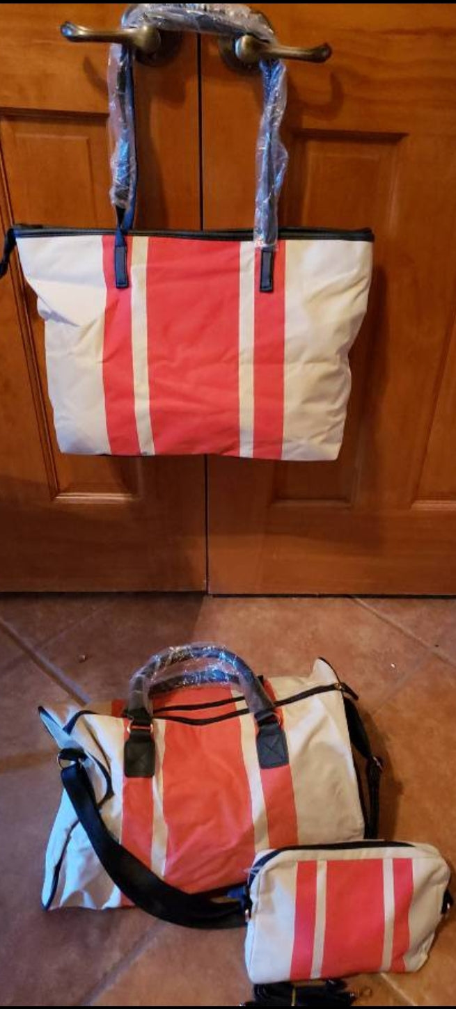 New *3-Piece Canvas "White/Orange" Striped Travel Bag Lot