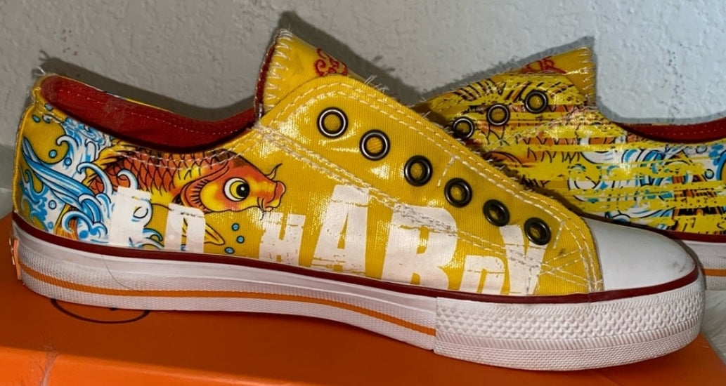 Great *ED HARDY Yellow Koi Fish Slip-On Sneakers Shoes (Size 10)