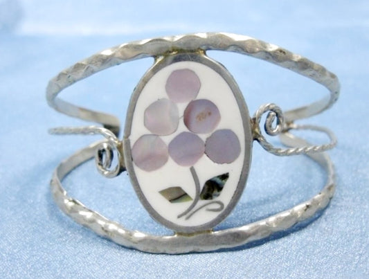 Silver Tone Shell Inlay Cuff Bracelet