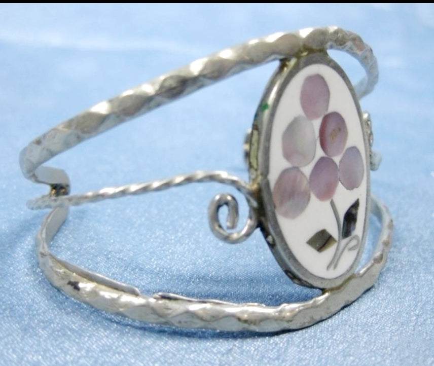 Silver Tone Shell Inlay Cuff Bracelet