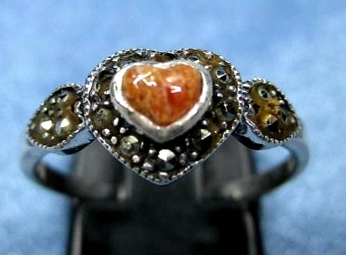 Sterling Silver .925 Marcaste & Coral Heart Ring *Size 7