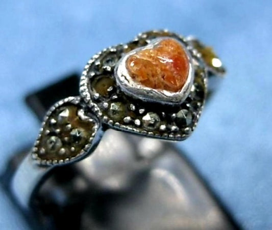 Sterling Silver .925 Marcaste & Coral Heart Ring *Size 7