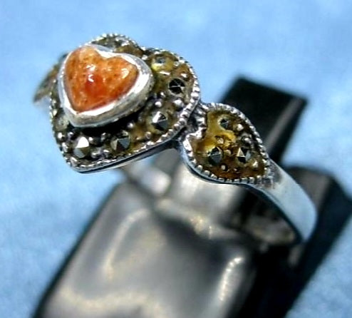 Sterling Silver .925 Marcaste & Coral Heart Ring *Size 7