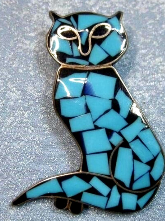 Beautiful Taxco Sterling Silver & Turquoise Cat Brooch