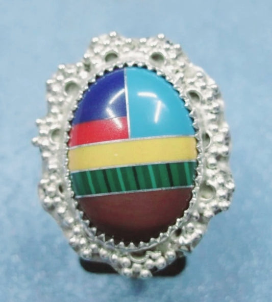Vintage Sterling Silver & Multi Colored Stone Inlay Ring (Size 6.5)