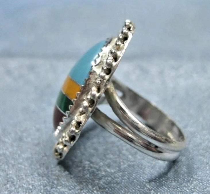 Vintage Sterling Silver & Multi Colored Stone Inlay Ring (Size 6.5)