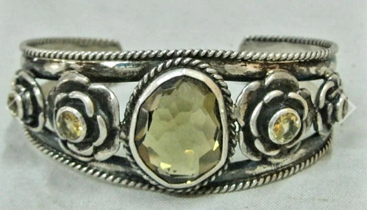 Vintage Sterling Silver Citrine Stone Floral Bracelet Cuff