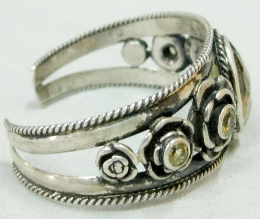 Vintage Sterling Silver Citrine Stone Floral Bracelet Cuff