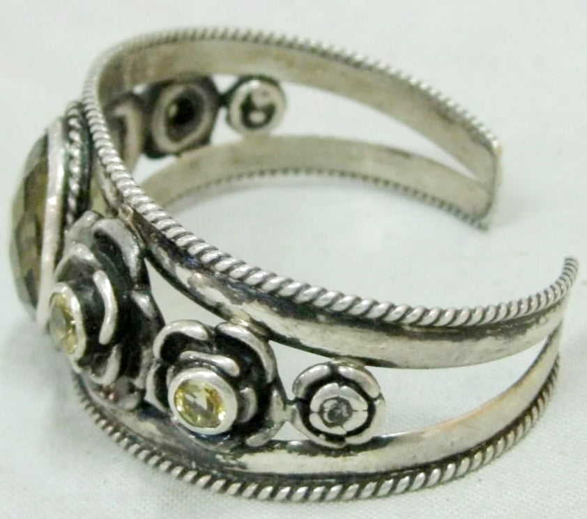 Vintage Sterling Silver Citrine Stone Floral Bracelet Cuff