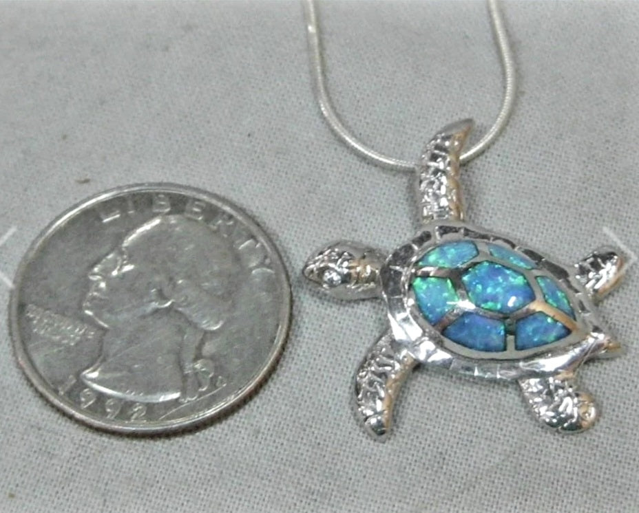 Beautiful Sterling Silver.925 Blue Opal Turtle 17" Necklace