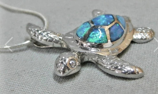 Beautiful Sterling Silver.925 Blue Opal Turtle 17" Necklace