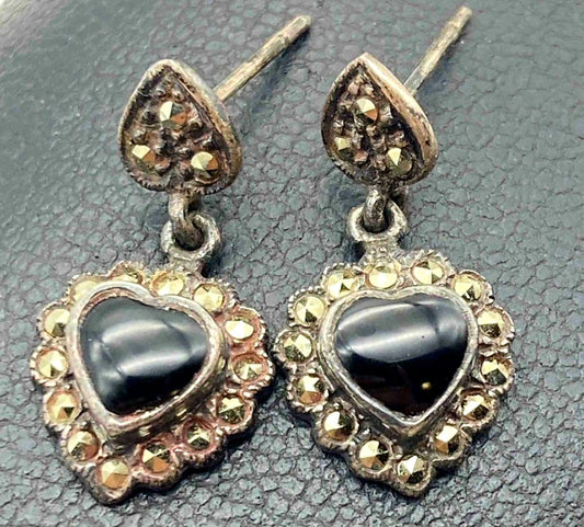 Adorable Sterling Silver .925 & Black Onyx Heart Earrings