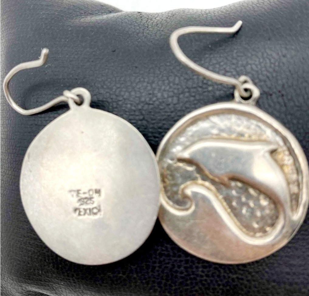 Sterling Silver .925 Dolphin Round Earrings Hallmarked