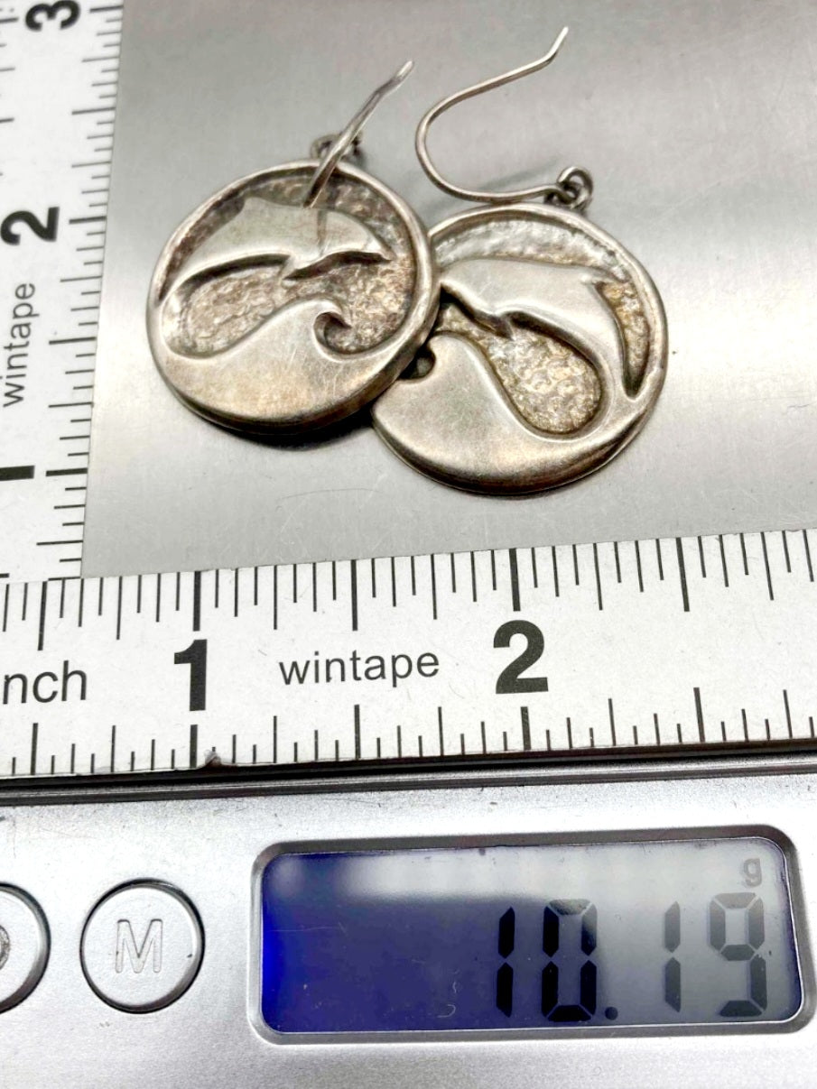 Sterling Silver .925 Dolphin Round Earrings Hallmarked