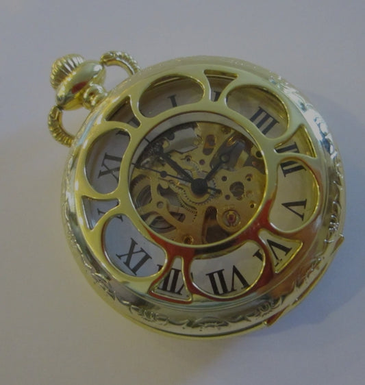 Geometric Openwork Hand Winding Pocket Watch Floral Design w/ Chain