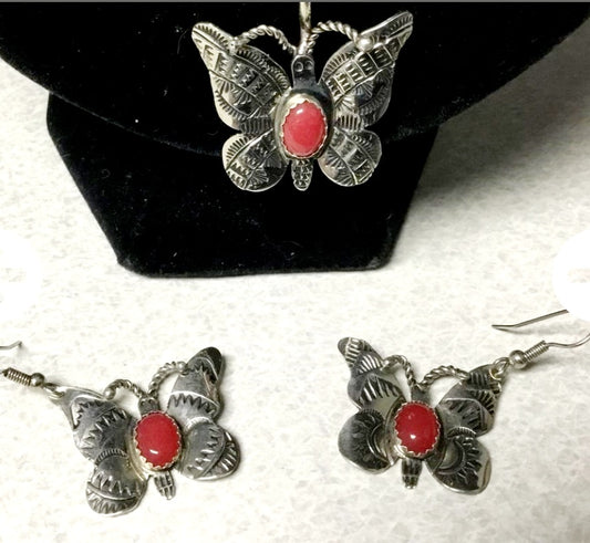 Sterling Silver & Red Carnelian Stone Butterfly Necklace/Earrings