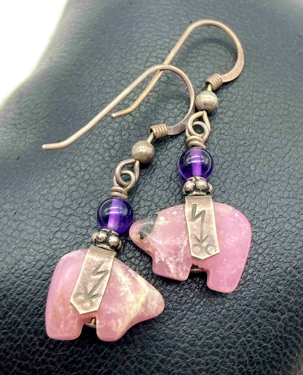 Cute *Sterling Silver Pink Rhodonite Stone Native Bear Earrings